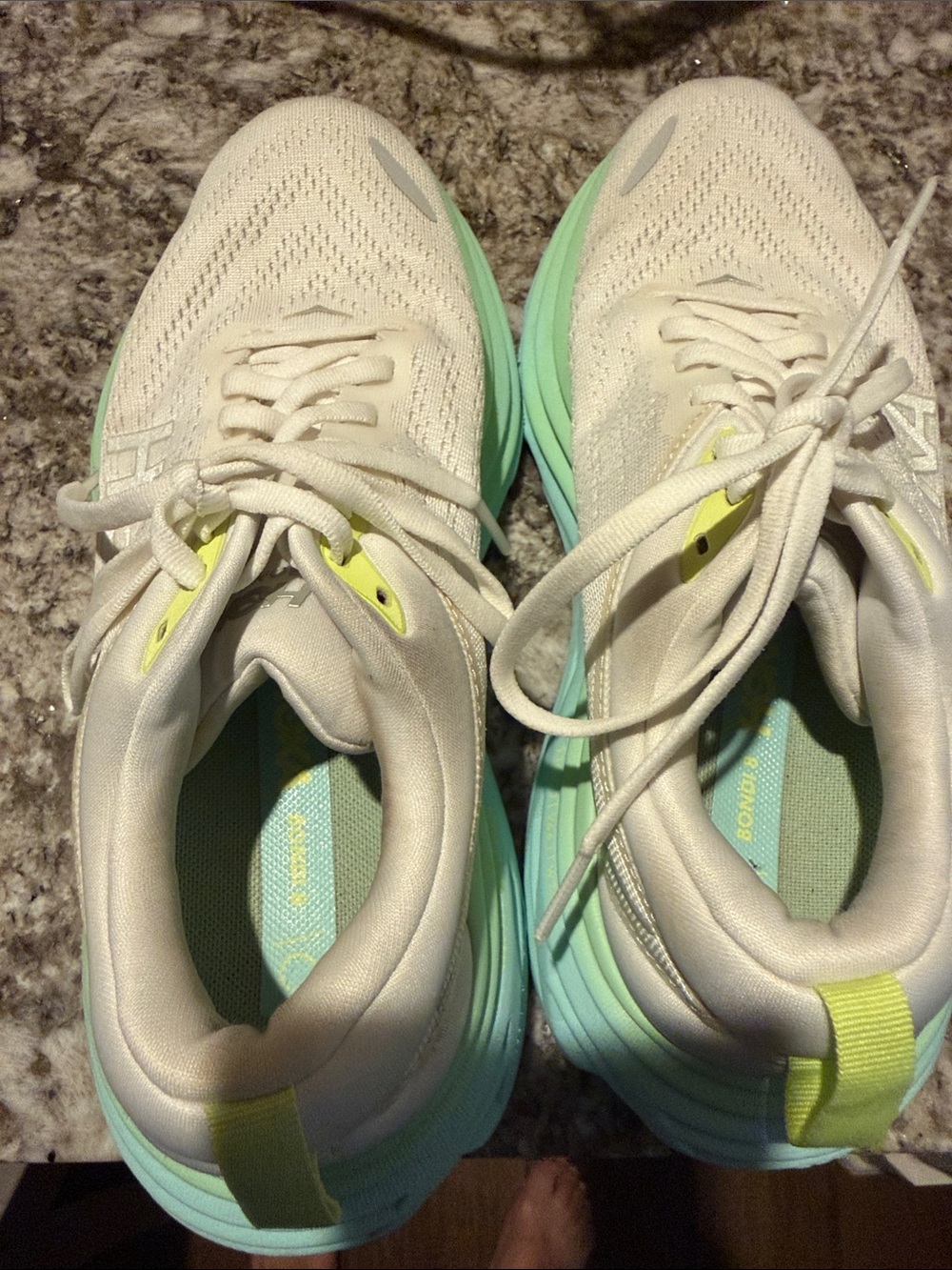Hoka Cream Knit Sneakers with Mint and Yellow Accents